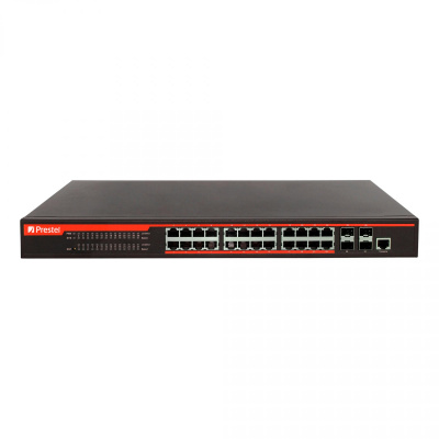 Управляемый 24-портовый сетевой коммутатор PoE L3 450 Вт Prestel NS3-24C1-450P-4F10